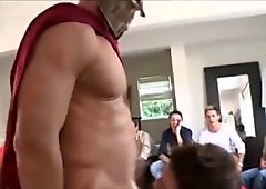 Male stripper getting sucked off by group