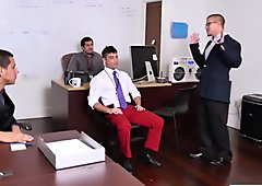Lucky guy gets cock sucked by two studs in office