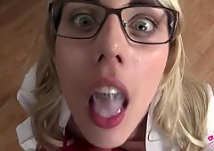 Nerdy blonde loves to swallow every drop