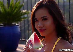 Stud carries Vina Sky and she slobbers his big cock while eating her Asian cooch