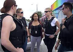 Horny fat sluts in cop uniforms share and gag deep on BBC